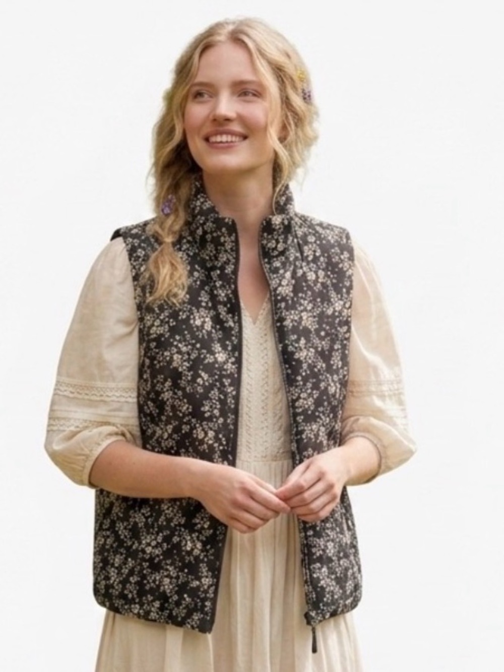 Staccato Black Floral Quilted Boho Vest Full Zippered Size Large